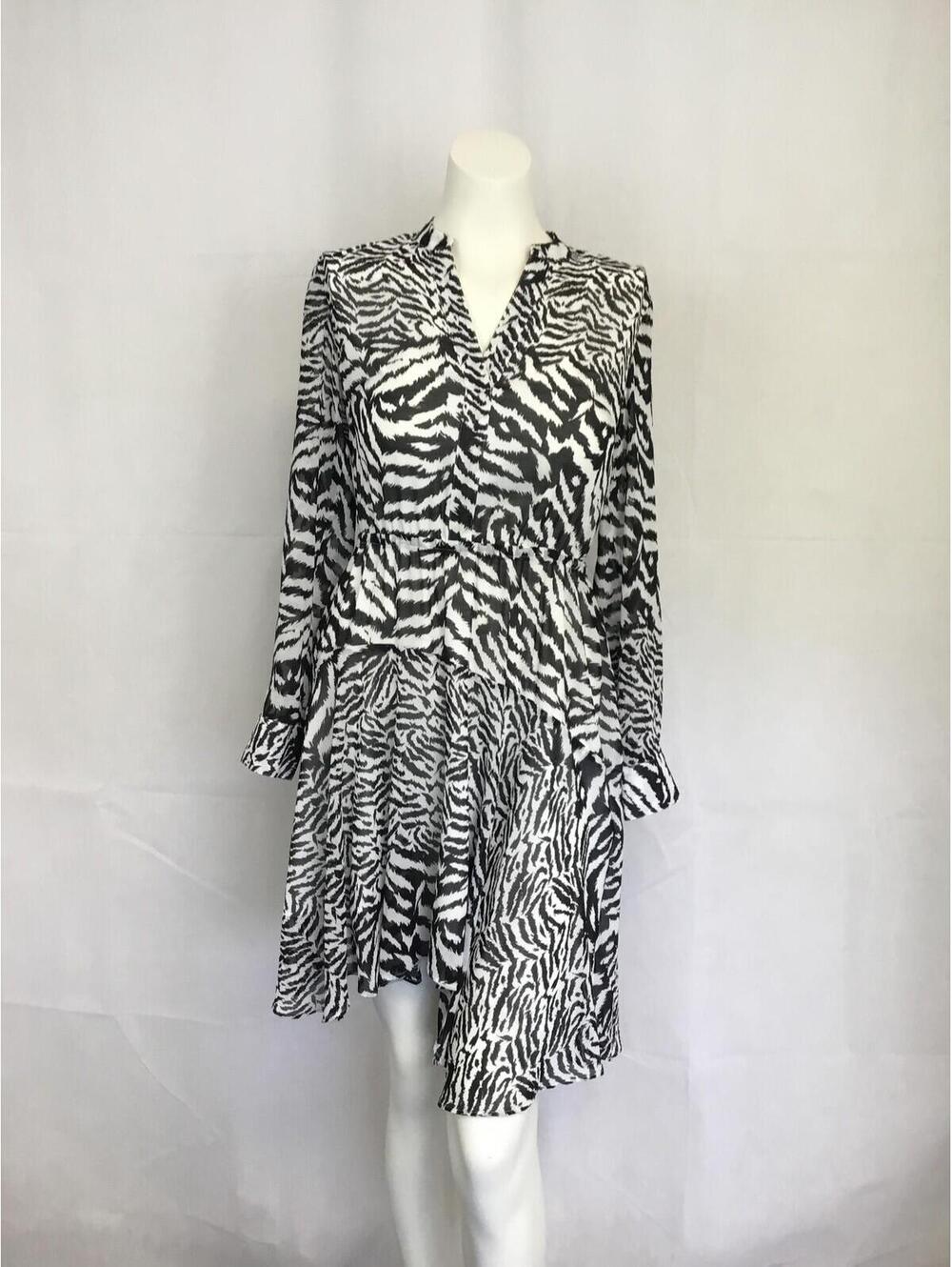 [349] AllSaints Dress W S White Zebra Animal Print V Neck Long Sleeve Ruffle Hem